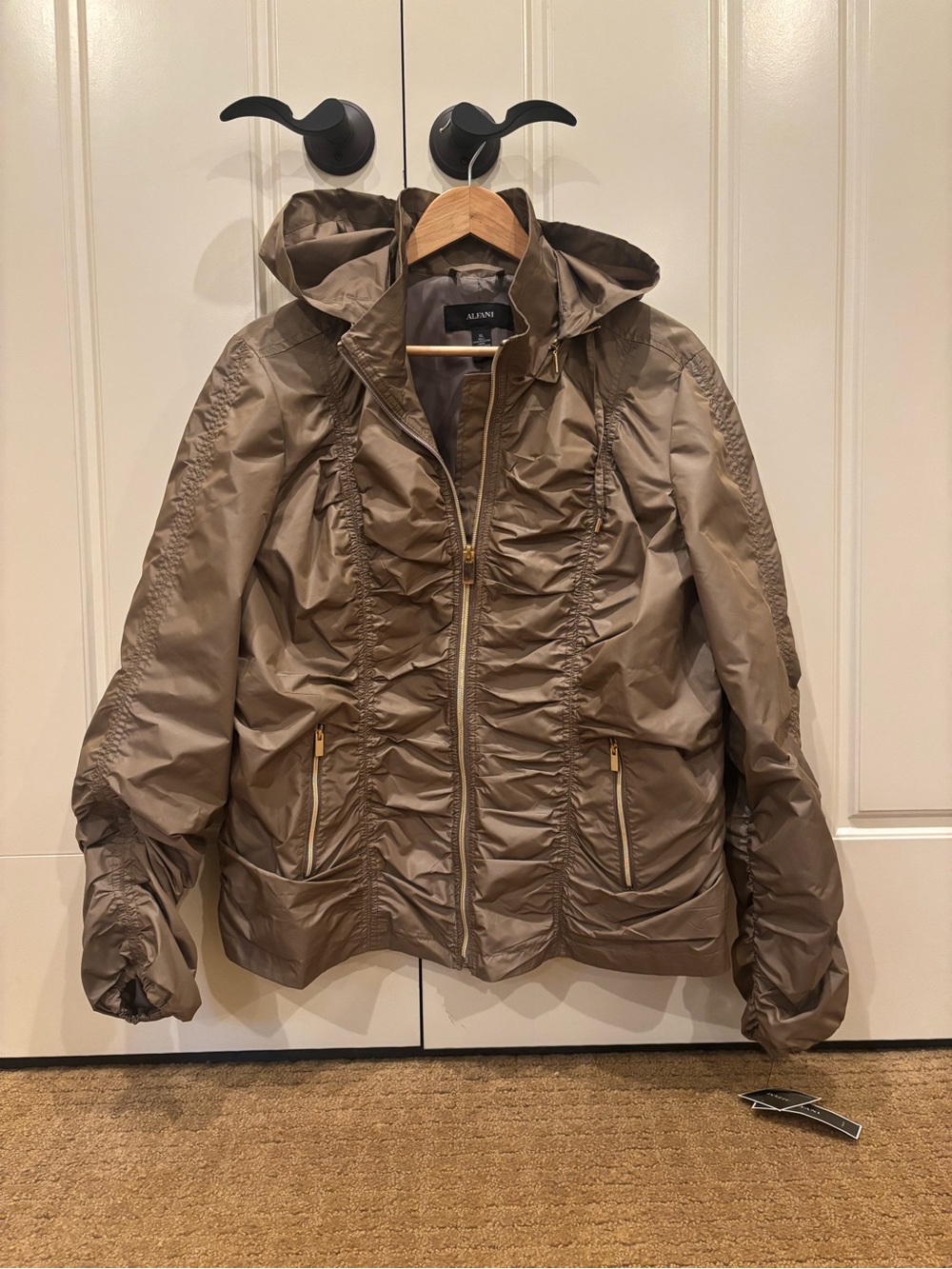 Alfani Hooded Ruched Puffer Jacket in Taupe